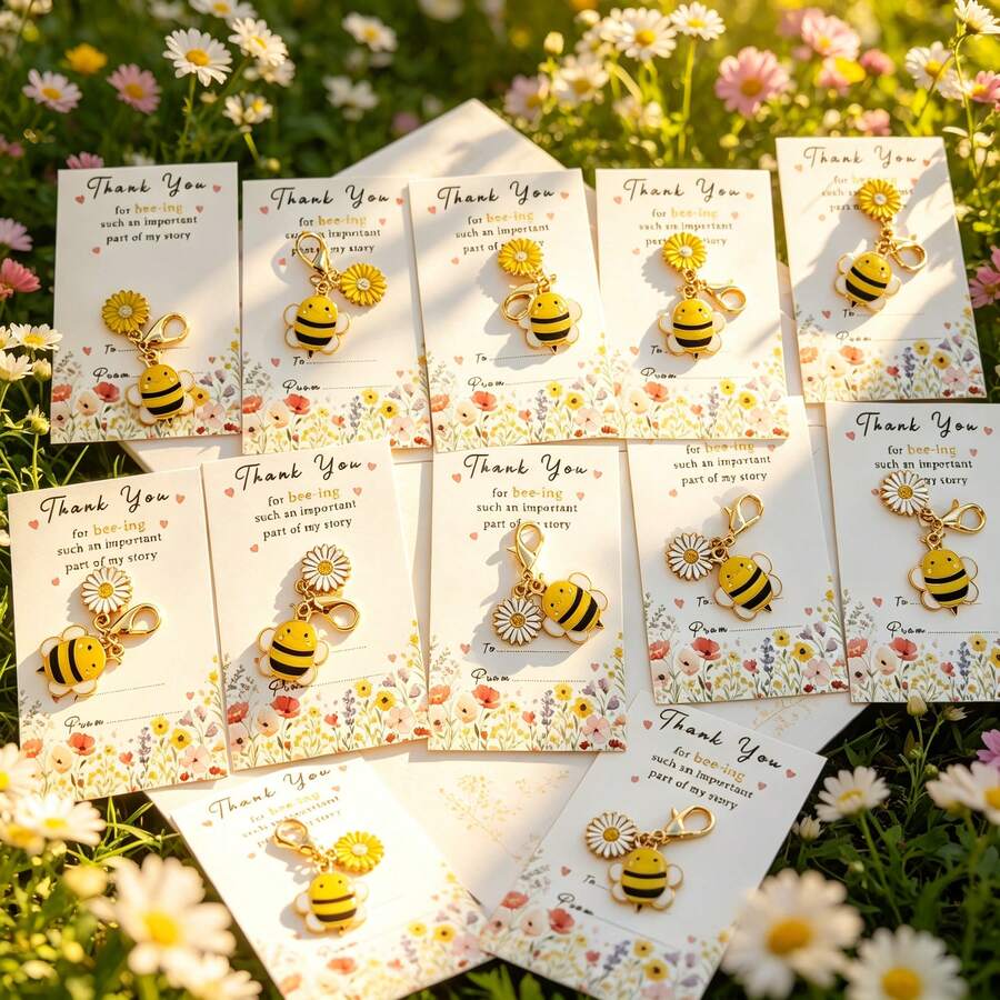 10pcs Thank You Gift Set, Bee & Daisy Enamel Keychain With Thank You Card, Inspirational Gratitude Gift For Teachers, Family, Colleagues, Team Members, Party Favor Encouragement Gift - Multiple Styles - View 1