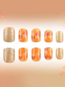 24pcs Short European-Style Fake Nails With Gold Glitter Maple Leaf Shiny Finish For A Look, Full Coverage Detachable Nail Set, Perfect For Ladies' Parties, Prom, And Everyday Wear - Multicolor - View 3