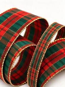 10 Yards Red And Green Plaid Ribbon With Luxury Gold Trim Pattern, Suitable For Gift Wrapping, Holiday Celebrations, Making Bows, Wreaths And Other DIY Crafts - Multicolor - View 9