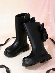 1 Pair Beige Tall Princess Boots With Bow + Rhinestone Butterfly Decor, Elastic Soft Sole With Inner Zipper Design, Luxury Girly Style Long Riding Boots, Suitable For Daily Wear, School, Festivals, Parties, Autumn/Winter New Arrival - Black - View 3