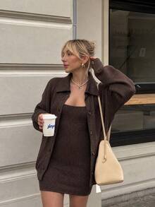 American Style Loose Knit Cardigan With Lapel Collar + Fashionable Spaghetti Strap Dress 2 Pieces Set - Brown - View 4