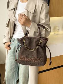 Brown Leopard Print Chain Bag, Drawstring Closure Handbag, Vintage Style Daily Shoulder Crossbody Small Tote Bag For Women - Coffee - View 2