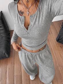 Women's Round Neck Long Sleeve Cropped Top & Drawstring Sweatpants Set, Casual Style Two Pieces Loungewear, Simple Regular Outfit Suit - Light Grey - View 1