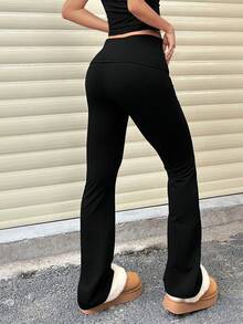 Casual Solid Color Flared Leg Pants With Layered Waistband - Black - View 3