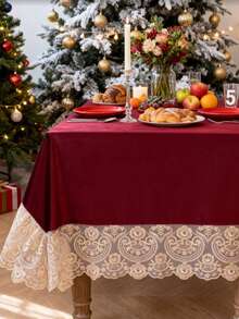 1pc Vintage Christmas Theme Tablecloth, Holiday Family Gathering Banquet Tabletop Atmosphere Decorative Tablecloth - Red - View 8