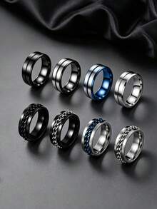 8PCS Simple Polished Stainless Steel Men's Rings, Punk Chain Spinner Rings, Versatile Men Jewelry For Daily Party Business Banquet - Multicolor - View 3