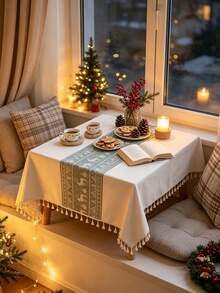 1pc Autumn/Winter Christmas Jacquard Tablecloth, Green Deer Pattern, Rectangular Tablecloth, Dining Table Cloth, Holiday Home Decor, Party Tablecloth, Suitable For Kitchen, Dining Room, Gathering, Living Room, Holiday, Party, New Year Decoration, Christmas Decoration, Christmas Gift, Autumn Decoration, Merry Christmas - Green - View 6