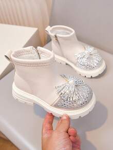Children's Rhinestone Bow Boots, Baby Girl Side Zipper Soft Sole Autumn/Winter Ankle Boots, Easy To Put On And Take Off - Beige - View 8