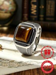 S925 Sterling Silver Square Natural Tiger Eye Stone Men's Ring, European And American Vertical Stripe Wide Band Men's Ring With Gift Box - Silver - View 11