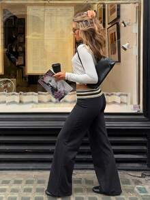 Striped Folded Waist Design Loose Drape Floor-Length Casual Versatile Butt-Lifting Long Pants For Women - Black - View 2