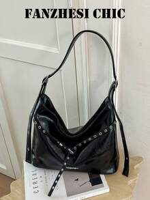 Metal Grommet Rivet Decor Wide Strap Weight-Relieving Design Zipper Closure American Vintage Motorcycle Style Hobo Tote Bag College Student Commuter Shopping Shoulder Underarm Bag Hot Girl Outfit Large Capacity Soft Bag - Black - View 7
