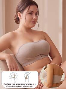 CELILIN Women's Plus Size Strapless Bandeau Bra, Front Closure Wireless Tube Top Bra For Off Shoulder Outfits & Daily Wear - Apricot - View 1