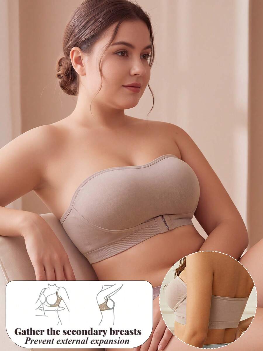 CELILIN Women's Plus Size Strapless Bandeau Bra, Front Closure Wireless Tube Top Bra For Off Shoulder Outfits & Daily Wear - Apricot - View 1