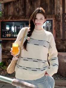 Autumn/Winter Sweet & Cool Round Neck Striped Patchwork Women's Sweater - Apricot - View 6