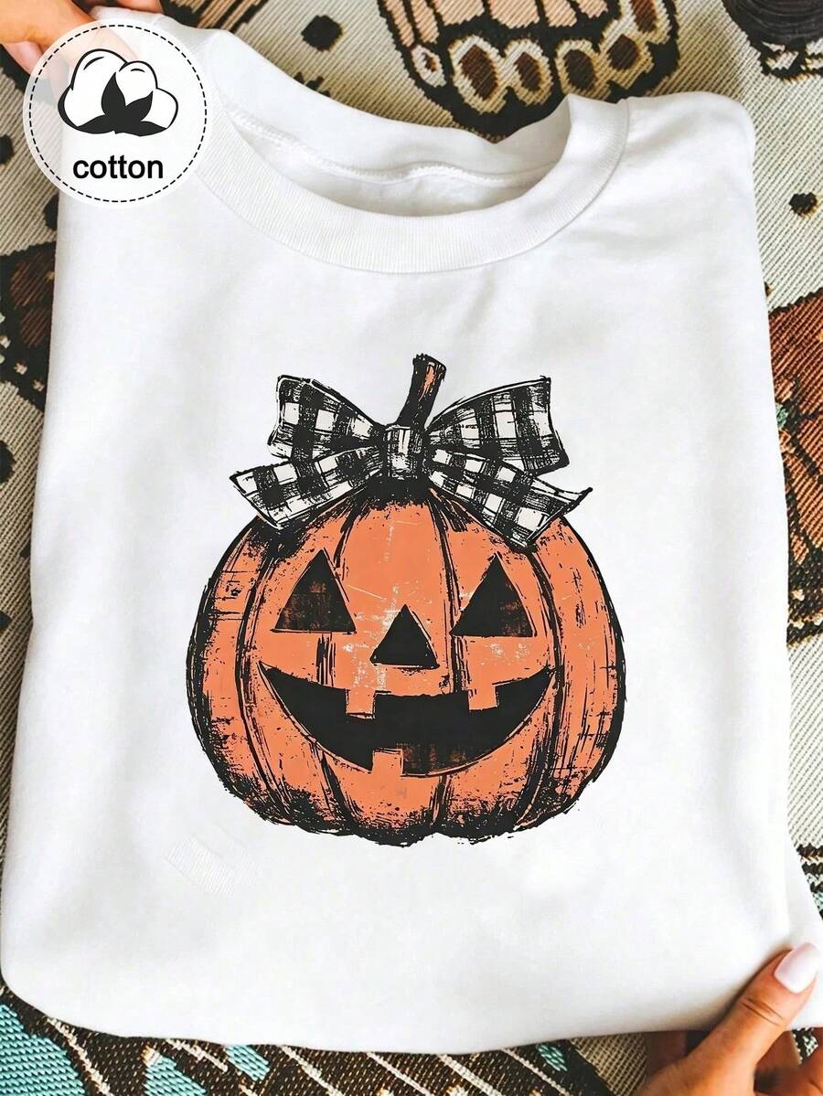 Women's Vintage Collegiate Style Sweatshirt, Round Neck, Plaid Bow & Pumpkin Pattern - White - View 1