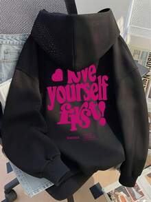 Sweet Cool Style Pink Heart English Slogan Back Print Hooded Sweatshirt Casual Loose Drop Shoulder Black Q Autumn Top - Black - View 2