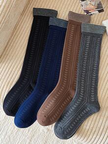 1 Pair/4 Pairs Women's Autumn/Winter Heart Pattern Knee-High Socks, Versatile Striped Knee Socks With Wide Cuff - Multicolor - View 11