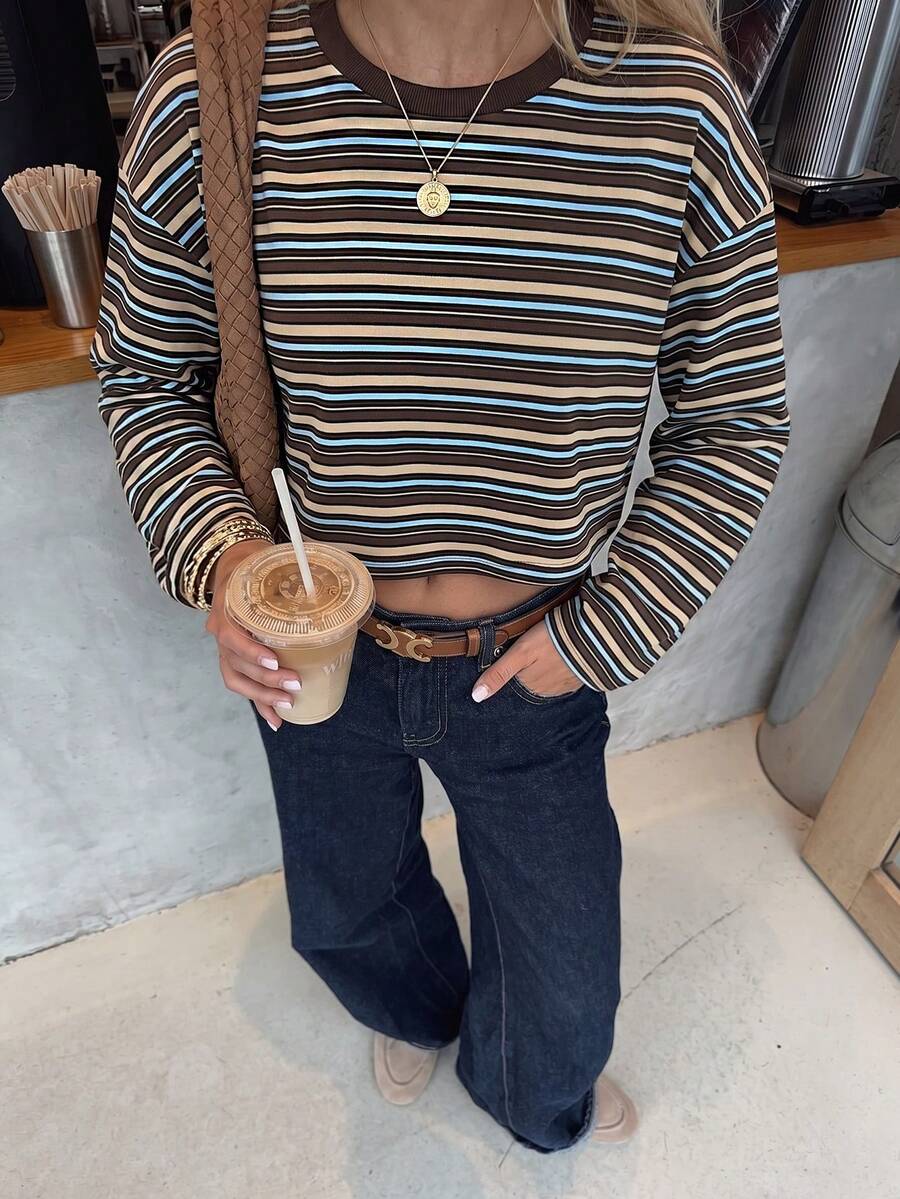 Women's Basic Knit Striped Long Sleeve Cropped T-Shirt, Autumn Outfit, Autumn Top, Commute Fashion Styling. - Coffee Brown - View 1