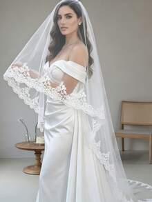 Cathedral Wedding Bridal Veil, 1 Layer, 3m Long Soft Tulle With Lace And Floral Trim, Vintage Style, For Bridal Veil. - White - View 7
