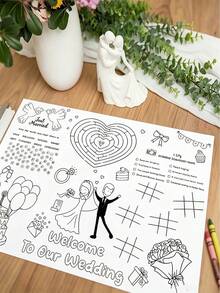 Juego de actividades con temática de boda interactivo, incluye felpudo de bienvenida y tarjetas para colorear, viene con rompecabezas, juegos de números y patrones de corazón & pastel; material de papel, apto para uso con crayones, ideal como recuerdos de boda o actividades de entretenimiento para invitados - Multicolor - Ver 9
