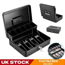 Lockable Cash Box With 2 Keys, Galvanised Steel Money Box, 5 Coin Compartments & 4 Banknote Holders, Portable Secure Money Storage Box For Business Market Household, Black - Cash Box - View 12