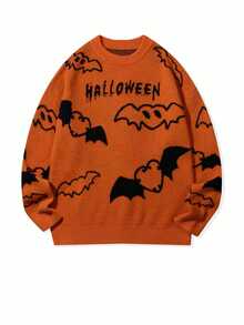 BLACKTOEXIT Spring Autumn Winter Men's Women's Halloween Limited Edition Letter Bat Pattern Long Sleeve Crew Neck Casual Versatile Loose Drop Shoulder Pullover Knit Sweater Top - Orange - View 6