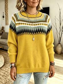 Plus Size Women's Fair Isle Knit Sweater, Autumn/Winter Round Neck Long Sleeve Geometric Pattern Loose Casual Pullover - Yellow - View 2