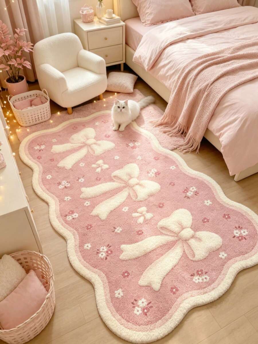 1pc Pink Bow Cream Style Decorative Rug, Bedroom Decor, Small Rug, Carpet, Home Decor, Living Room Rug, Living Room Small Rug, Bedroom Rug, Living Room Home Decor, Outdoor Rug, Washable Rug - Multicolor 7 - View 1