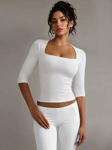 XLLAIS 3/4 Sleeve T-Shirt, Double-Layer Elastic Convertible Neckline, Fitted Top Spring Casual White - White - View 1