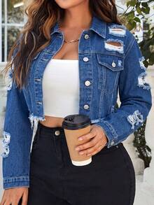 Women's Vintage Distressed Short Denim Jacket, Long Sleeve Lapel, Front Button Pockets, Suitable For Autumn Grunge Style - Blue - View 1