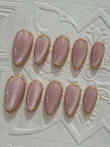 10pcs Handmade Medium Almond Shape Pink Cat Eye Glitter Gold Mirror Powder Curly Fashion High-End False Nails - Purple - View 2