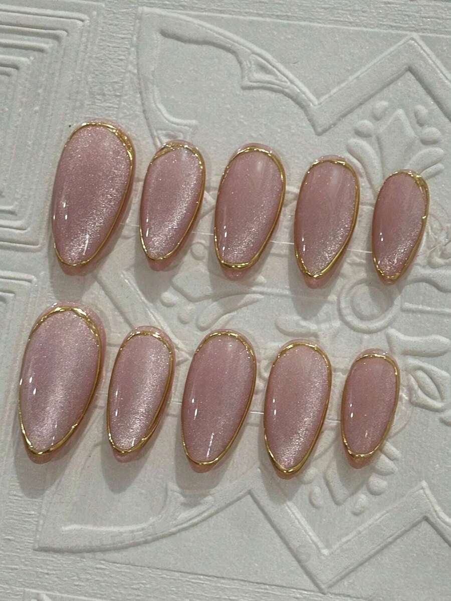 10pcs Handmade Medium Almond Shape Pink Cat Eye Glitter Gold Mirror Powder Curly Fashion High-End False Nails