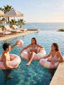 1pc Adult Double Back-To-Back Floating Chair, Suitable For Water Park Floating Striped Inflatable Swim Ring, Lifebuoy (Handle Color Random), New Design Pink Inflatable Swim Ring With Handle, Summer White And Pink Inflatable Ring, Pool Inflatable, Beach Essential, Pool Float - Multicolor - View 2