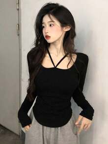 女款純色掛脖圓弧下擺T恤 - 黑色 - 查看 5