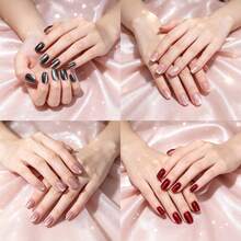 40pcs Fashion Cat Eye Nail Stickers Short Set - Silver, Light Pink, Red And Black Gradient Ballet Short Style With Glitter Effect - Reusable, Includes Jelly Glue And Nail File - Perfect For Parties, Proms And Casual Wear - Multicolor - View 2