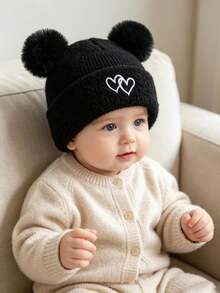 Heart Embroidery Double Pom Pom Baby Knitted Hat, Cute Baby Woolen Hat, Fashionable Versatile Ear Protection Hat - Multicolor - View 4