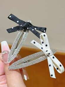 2PCS Polka Dot Bow Hair Clips For Women, Side Clips, Bangs Clips, Hair Accessories, Fashionable, Elegant, Versatile, Suitable For Matching Various Outfits, Daily Wear, Holiday Events, Party Gatherings, Evening Dinners, And As A Gift Hair Accessory For Girls - Black and White - View 3