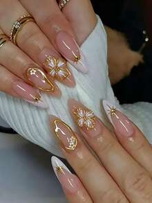 Change Your Nails With It 24片/組 優雅粉白配色 3D波浪法式花卉金珠裝飾 杏仁形穿戴甲，含果凍膠與指甲锉，適合女孩與女性日常佩戴、派對，美甲用品，秋季美甲 - 彩色 - 查看 1