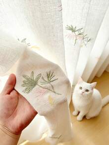1pc Linen Embroidered White Floral Fresh Fashion Gauze Curtain, Floral Pattern, Rod Pocket Design, Suitable For Living Room And Bedroom - Transparent And Light Filtering Curtain, Living Room Curtain, Bedroom Curtain - Multicolor - View 2