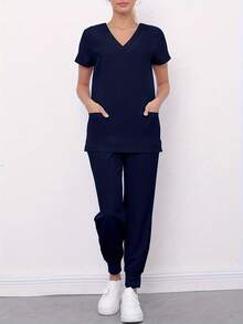 [Free Shipping] Women's Breathable V-Neck Pocket Work Clothes Pants Set 8010 - Blue - View 6