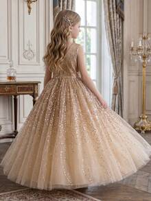 Girls' Champagne Color Sequin Elegant Dress, Tulle Ball Gown For Birthday Wedding Evening Party - Champagne - View 5