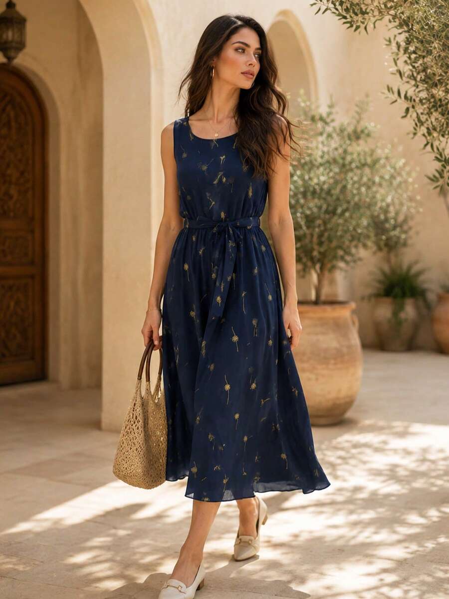 Dandelion Casual Elegant Belted Sleeveless Dress For Office, Daily Wear And Vacation, Spring/Summer, Lightweight And Breathable, Blend - Navy Blue - View 1