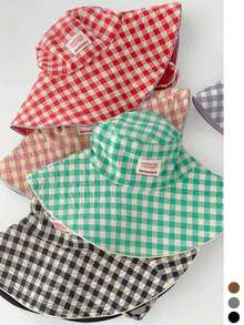 Large Brim Vintage Check Pattern Patchwork Contrast Color Drawstring Bucket Hat, Boho Vacay Spring Summer Sun Hat, Bright Monochromatic Looks Tie-Up UV Protection Travel Hat, Back To School - Reversible - Checkered Straps - View 2
