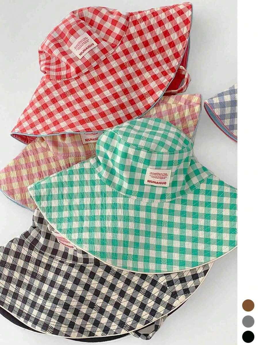 Large Brim Vintage Check Pattern Patchwork Contrast Color Drawstring Bucket Hat, Boho Vacay Spring Summer Sun Hat, Bright Monochromatic Looks Tie-Up UV Protection Travel Hat, Back To School