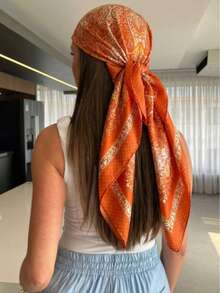 1pc Women's Large Floral Print Square Scarf, 60cm Large Size Satin Silky Feel Square Scarf Headscarf - Orange - View 6