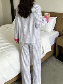 Nina Bonheur 2pcs/Set Women's Loose Comfortable Breathable Striped Long Sleeve Long Pants Cute Pajama Set - Blue - View 6