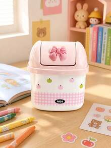 Mini Desktop/Car Trash Can With Lid, Bowknot Decor, Polka Dot Square Trash Can, Small Desktop Trash Can, Ins Style Color Block Mini Desktop Trash Can, Cute Small Desktop Trash Can No Power Needed Waste Paper Basket, Desktop Trash Can - Multicolor - View 5
