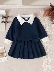 2pcs Baby Girl Soft Cute Academy Style Contrast Color Lapel Long Sleeve Top And Skirt Set, Spring/Autumn Thin Daily Outfit - Navy Blue - View 1