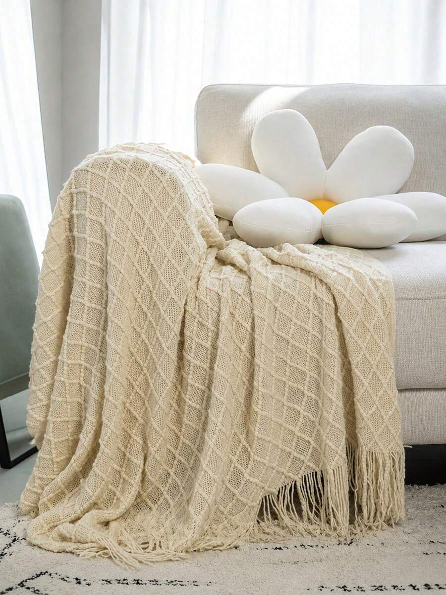 1pc Vintage Geometric Pattern Throw Blanket, Soft Acrylic Knitted Cozy Coverlet For Farmhouse Living Room, Bedroom, All Seasons - Mixed Colors - Multicolor - View 1