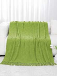 1pc Chain Pattern Rug, Nordic Style Acrylic Rectangular Solid Color Knitted Bed Blanket, Suitable For Home Daily, Office, Nap Use - Grass Green - View 3